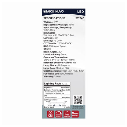 image of 4 Watt - B11 LED - 2700K-5000K RGB/Tunable White - Starfish IOT - Clear - Medium Base - 120 Volt
