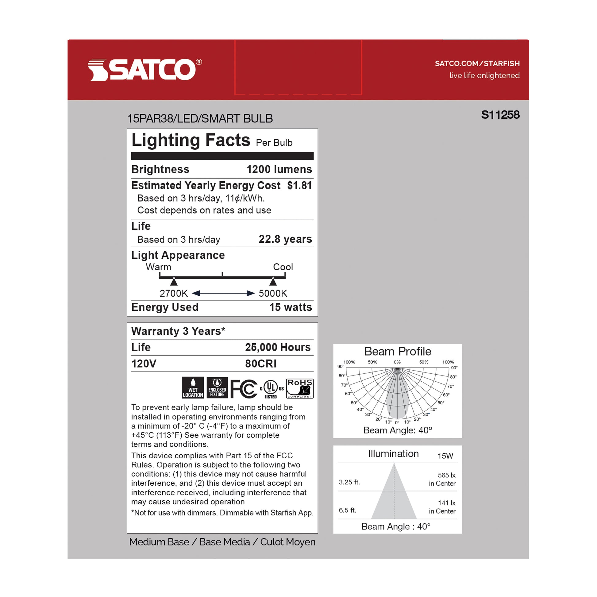 image of 15 Watt - PAR38 LED - RGB & Tunable White - Starfish IOT - 120 Volt - 1200 Lumens
