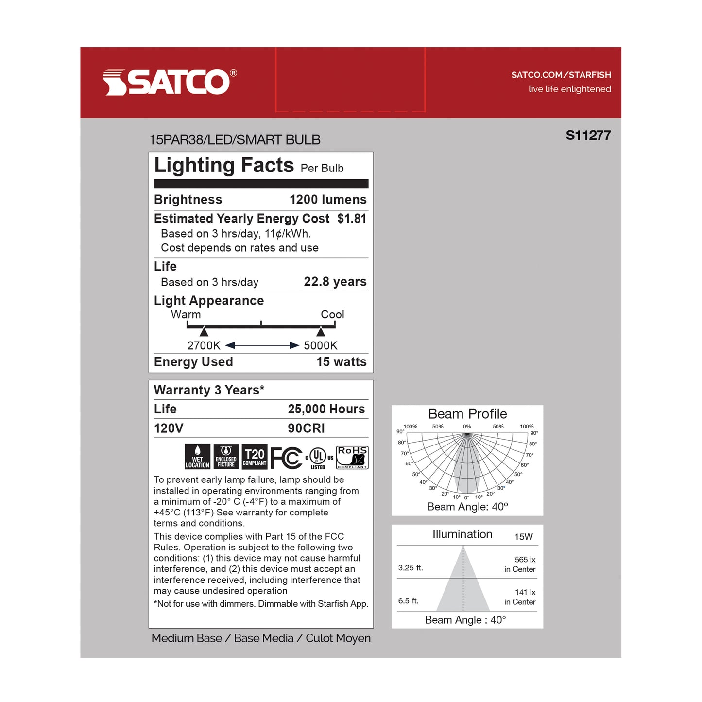 image of 15 Watt - PAR38 LED - RGB & Tunable White - Starfish IOT - 120 Volt - 1200 Lumens - T20 - 90 CRI