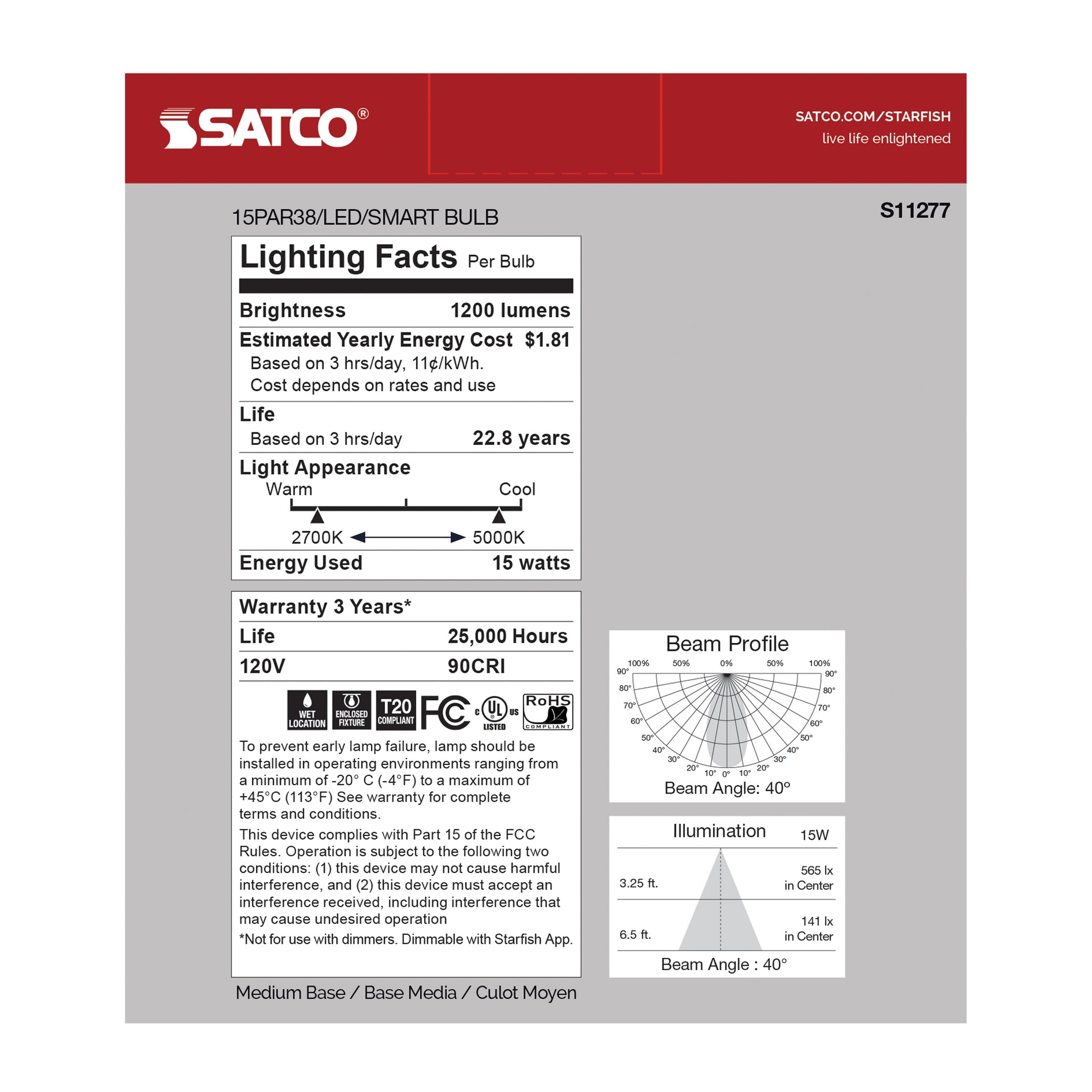 image of 15 Watt - PAR38 LED - RGB & Tunable White - Starfish IOT - 120 Volt - 1200 Lumens - T20 - 90 CRI