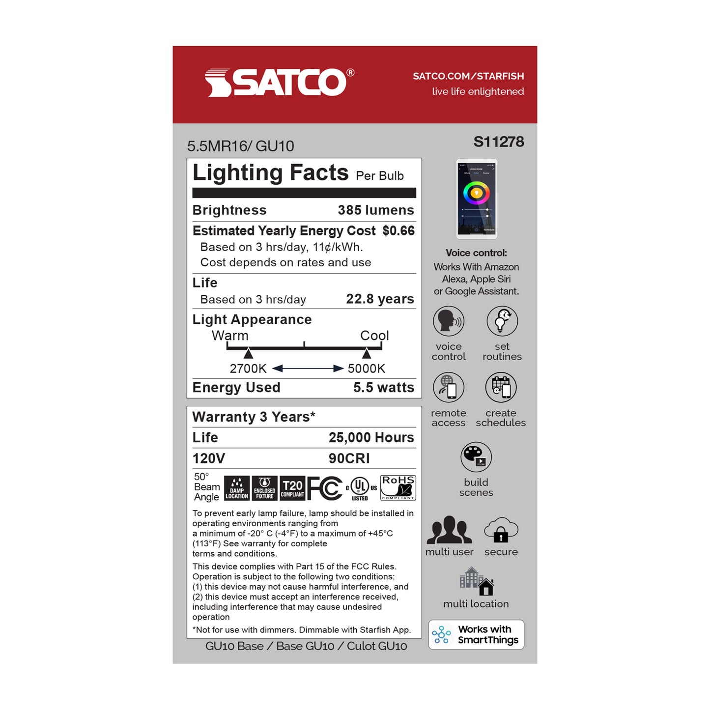 image of 5.5 Watt - MR16 LED - Tunable White - Starfish IOT - 120 Volt - 385 Lumens - RGBW - T20 - 90 CRI