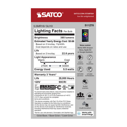 image of 5.5 Watt - MR16 LED - Tunable White - Starfish IOT - 120 Volt - 385 Lumens - RGBW - T20 - 90 CRI