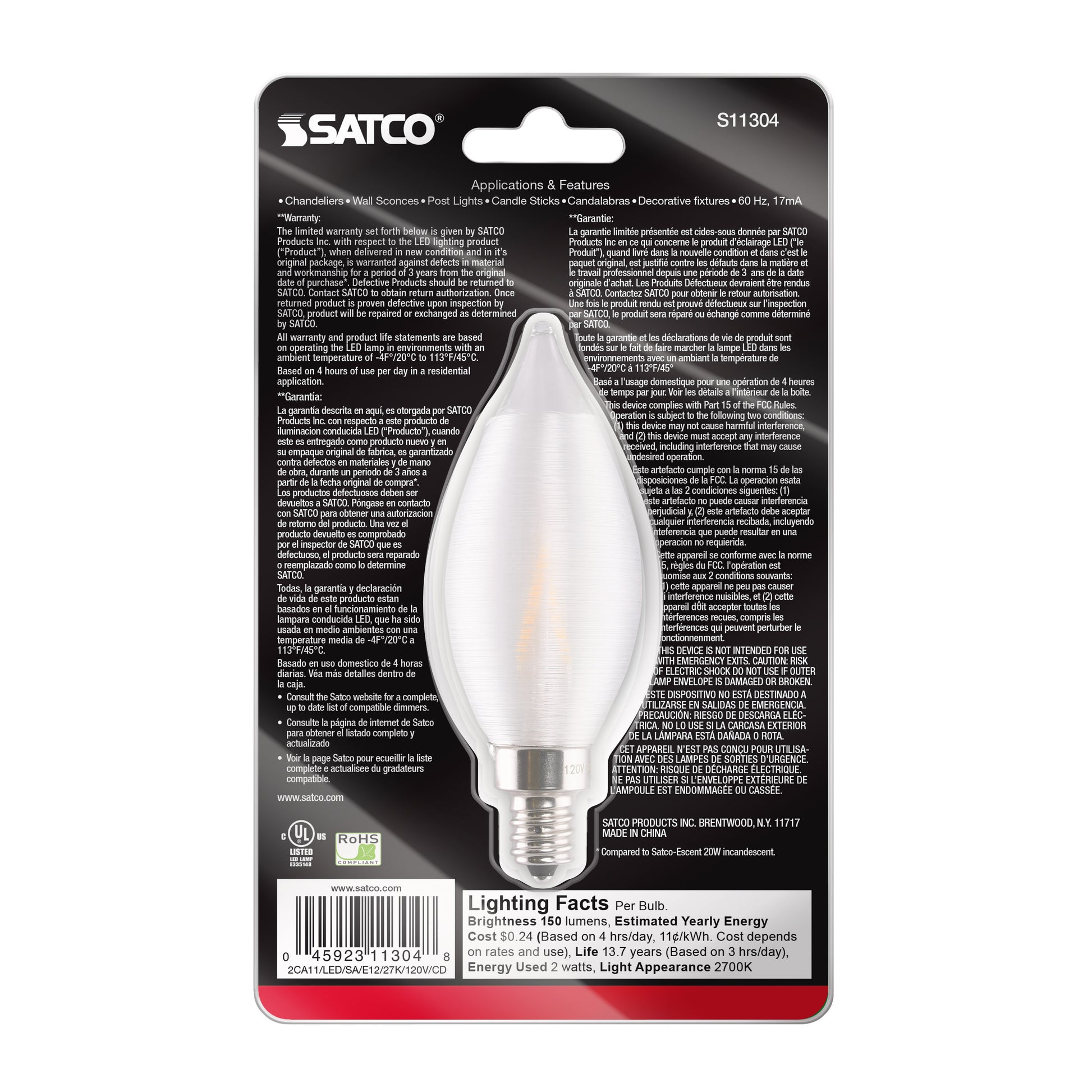 image of 2 Watt CA11 LED - Satin Spun Clear - Candelabra base - 2700K - 120 Volt - Carded