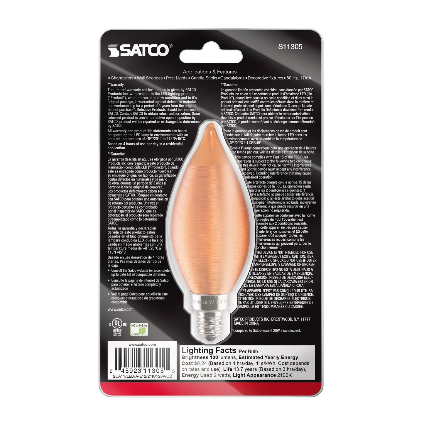 image of 2 Watt CA11 LED - Satin Spun Amber - Candelabra base - 2100K - 120 Volt - Carded