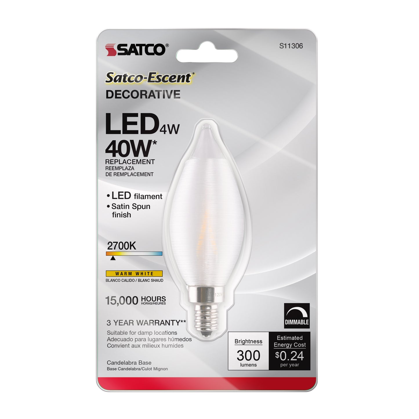 image of 4 Watt CA11 LED - Satin Spun Clear - Candelabra base - 2700K - 120 Volt - Carded