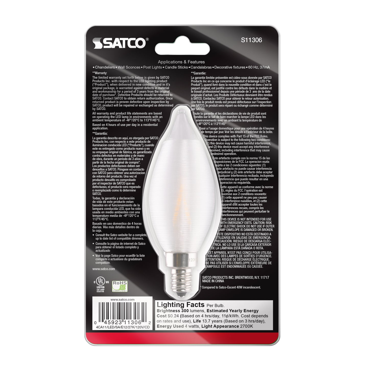 image of 4 Watt CA11 LED - Satin Spun Clear - Candelabra base - 2700K - 120 Volt - Carded