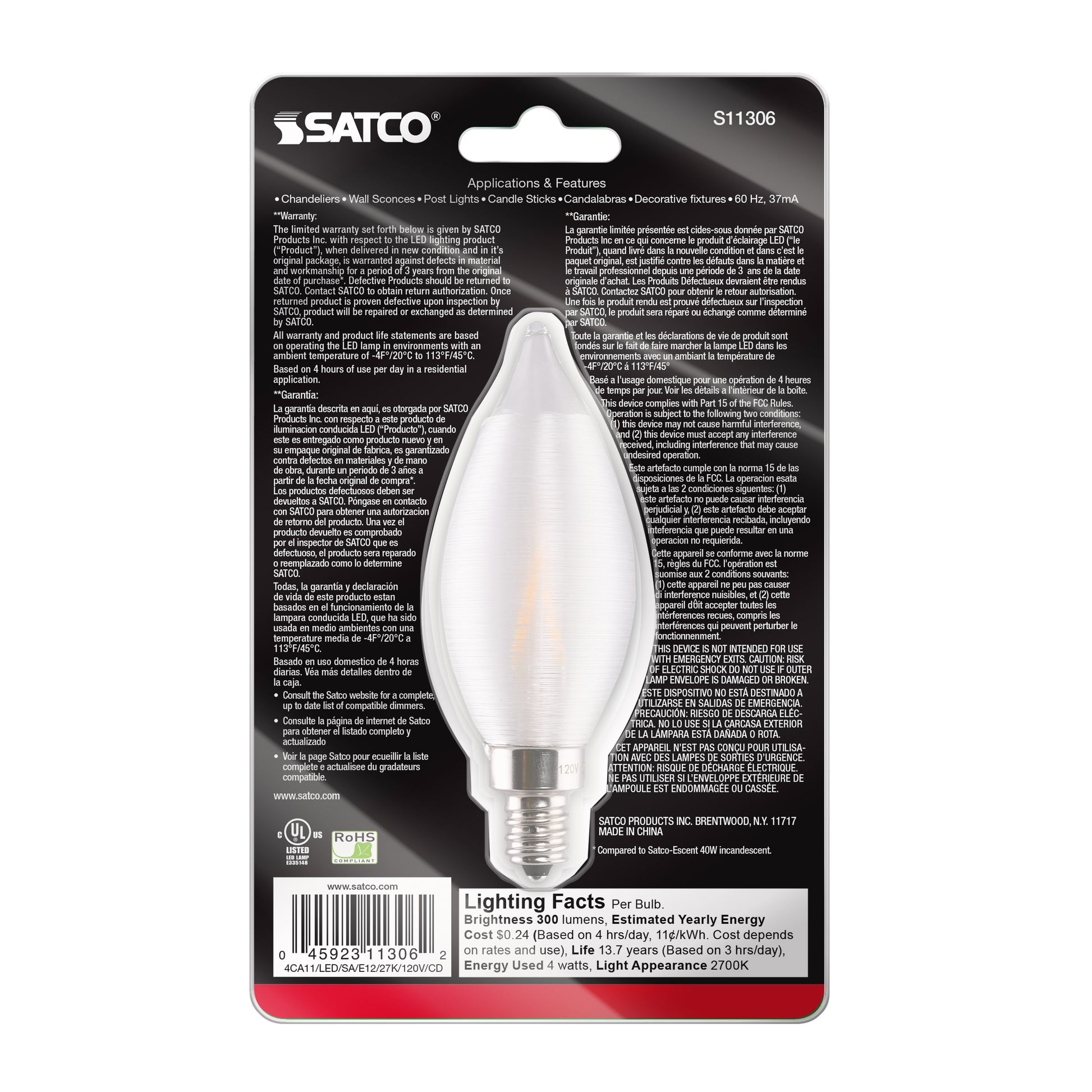 image of 4 Watt CA11 LED - Satin Spun Clear - Candelabra base - 2700K - 120 Volt - Carded