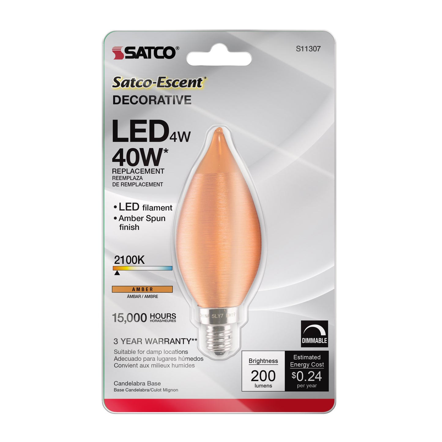 image of 4 Watt CA11 LED - Satin Spun Amber - Candelabra base - 2100K - 120 Volt - Carded