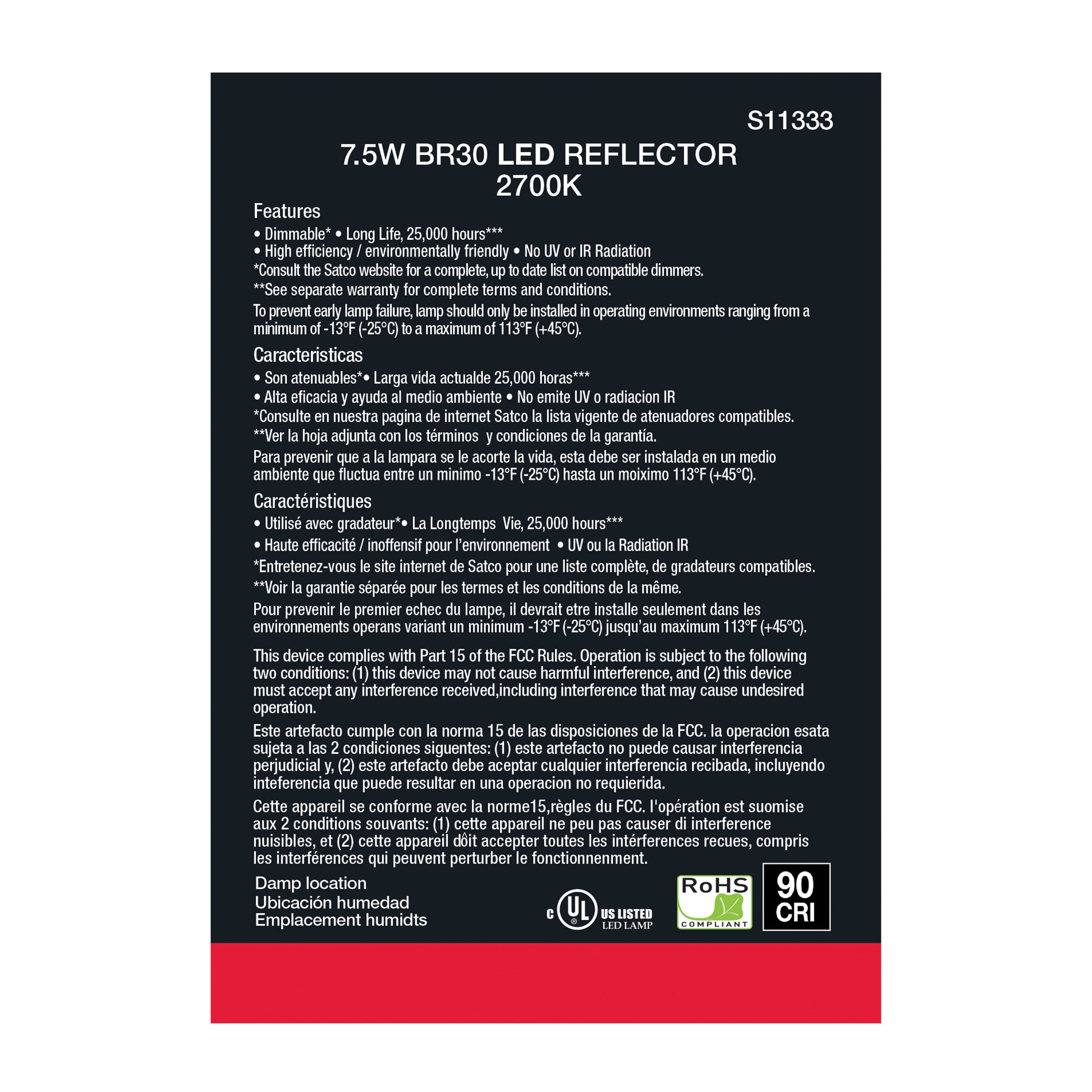 image of 7.5 Watt - BR30 LED - 2700K - Medium base - 105 deg. Beam Angle - 120 Volt - 2-pack