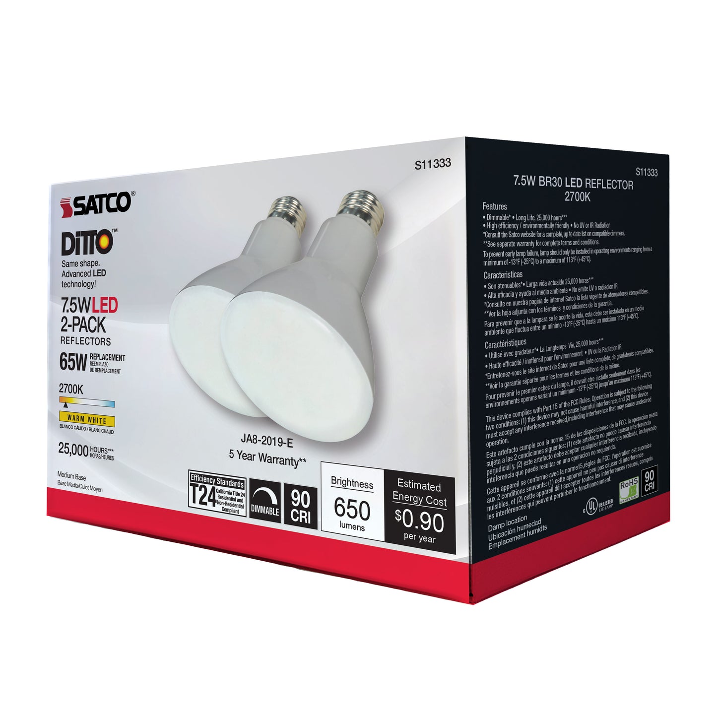 image of 7.5 Watt - BR30 LED - 2700K - Medium base - 105 deg. Beam Angle - 120 Volt - 2-pack