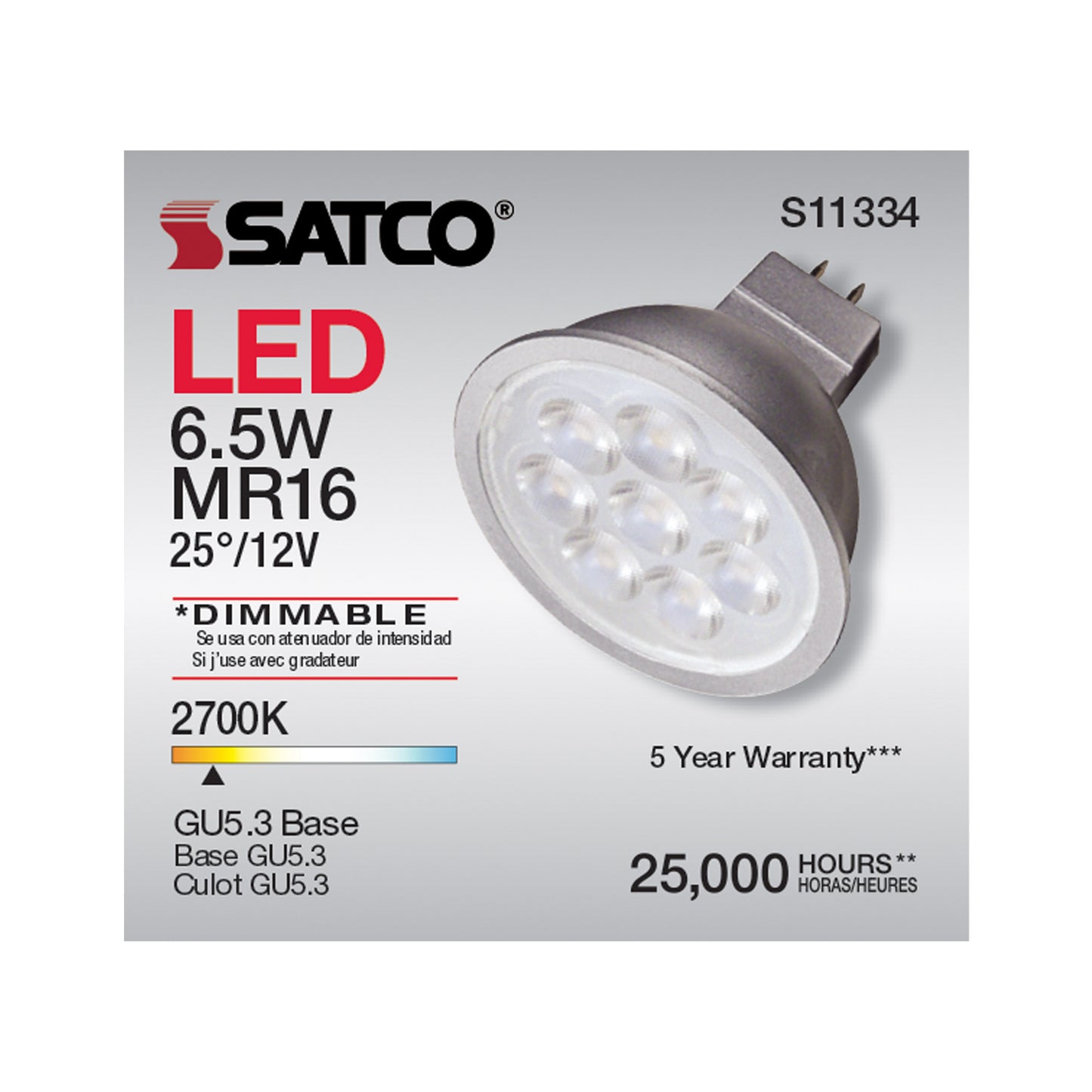 image of 6.5 Watt - MR16 LED - 2700K - GU5.3 base - 25 deg. Beam Angle - 12 Volt