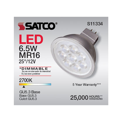 image of 6.5 Watt - MR16 LED - 2700K - GU5.3 base - 25 deg. Beam Angle - 12 Volt