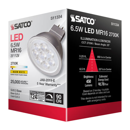 image of 6.5 Watt - MR16 LED - 2700K - GU5.3 base - 25 deg. Beam Angle - 12 Volt