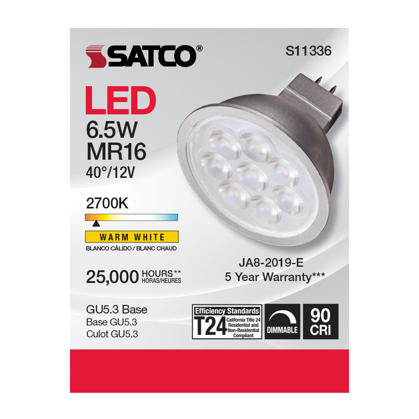 image of 6.5 Watt - MR16 LED - 2700K - GU5.3 base - 40 deg. Beam Angle - 12 Volt