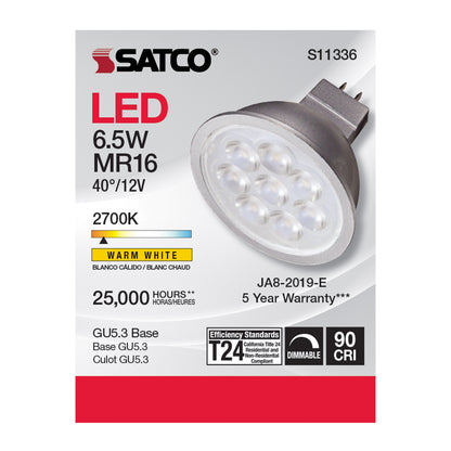 image of 6.5 Watt - MR16 LED - 2700K - GU5.3 base - 40 deg. Beam Angle - 12 Volt