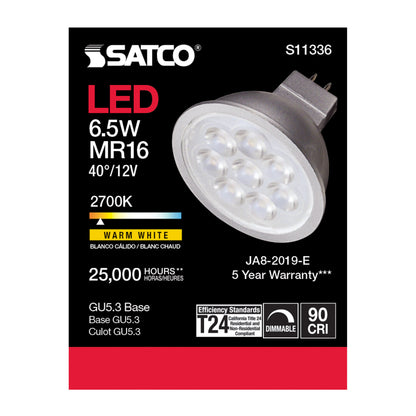 image of 6.5 Watt - MR16 LED - 2700K - GU5.3 base - 40 deg. Beam Angle - 12 Volt