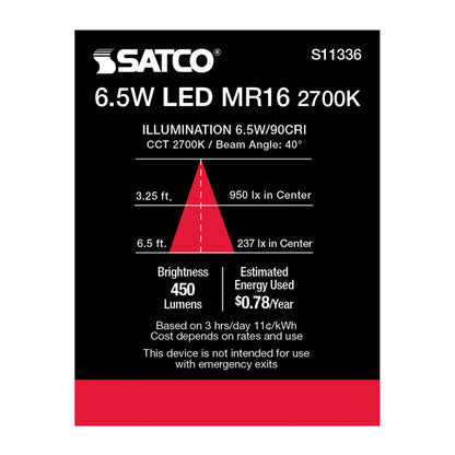 image of 6.5 Watt - MR16 LED - 2700K - GU5.3 base - 40 deg. Beam Angle - 12 Volt