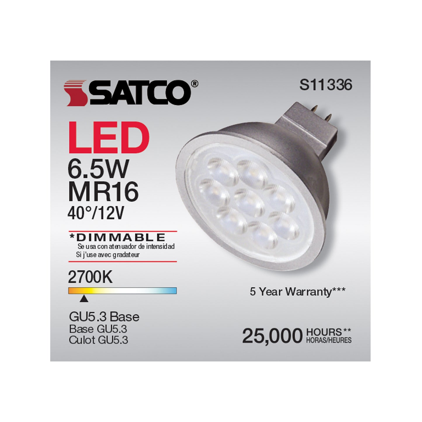 image of 6.5 Watt - MR16 LED - 2700K - GU5.3 base - 40 deg. Beam Angle - 12 Volt