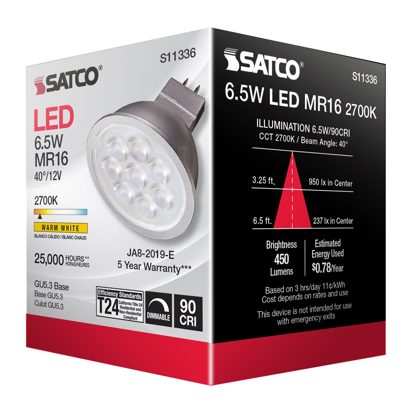 image of 6.5 Watt - MR16 LED - 2700K - GU5.3 base - 40 deg. Beam Angle - 12 Volt