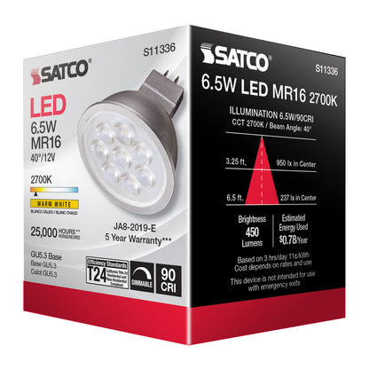image of 6.5 Watt - MR16 LED - 2700K - GU5.3 base - 40 deg. Beam Angle - 12 Volt