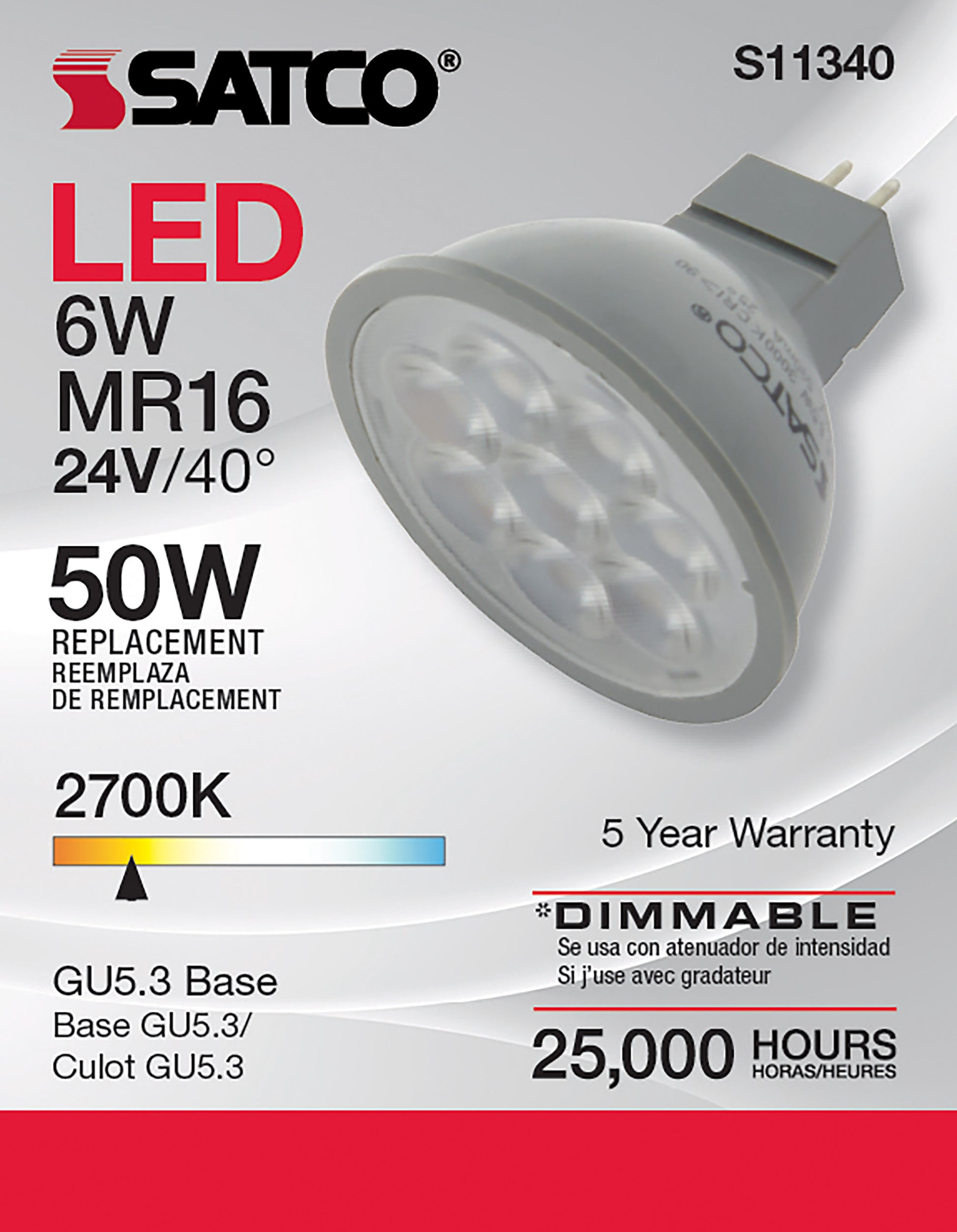 image of 6 Watt - MR16 LED - 2700K - GU5.3 base - 40 deg. Beam Angle - 24 Volt