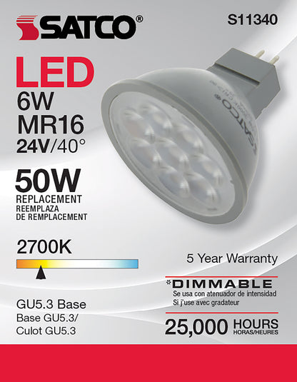 image of 6 Watt - MR16 LED - 2700K - GU5.3 base - 40 deg. Beam Angle - 24 Volt