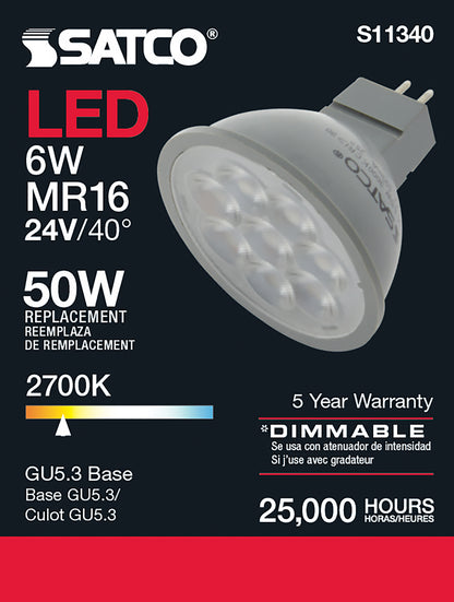 image of 6 Watt - MR16 LED - 2700K - GU5.3 base - 40 deg. Beam Angle - 24 Volt