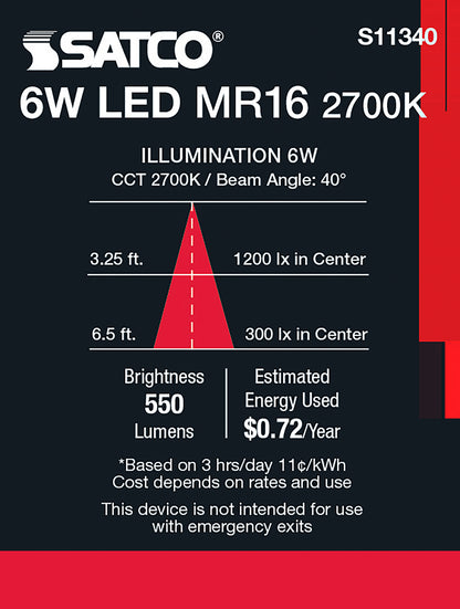 image of 6 Watt - MR16 LED - 2700K - GU5.3 base - 40 deg. Beam Angle - 24 Volt