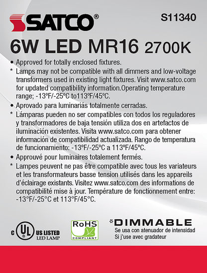 image of 6 Watt - MR16 LED - 2700K - GU5.3 base - 40 deg. Beam Angle - 24 Volt
