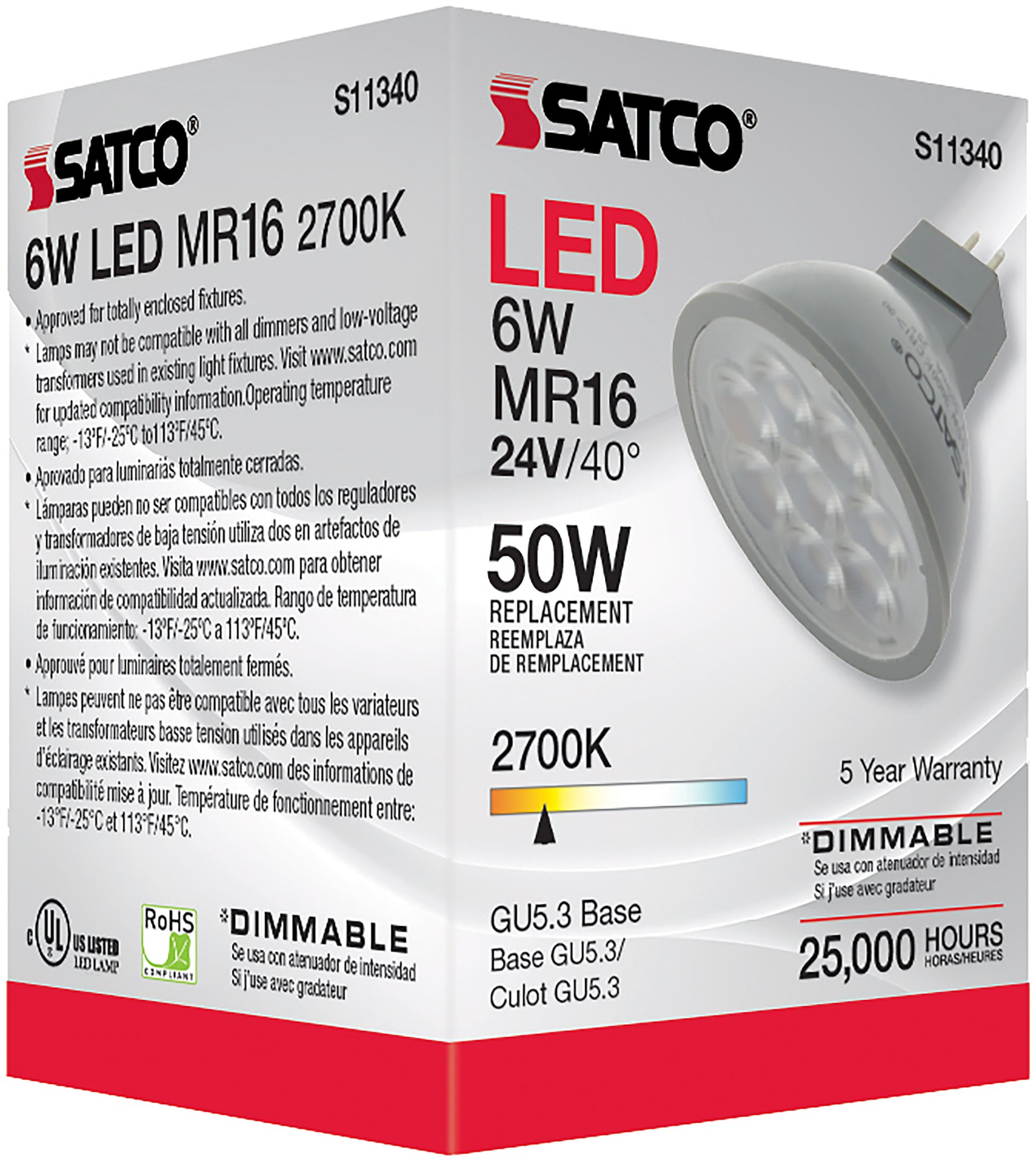image of 6 Watt - MR16 LED - 2700K - GU5.3 base - 40 deg. Beam Angle - 24 Volt