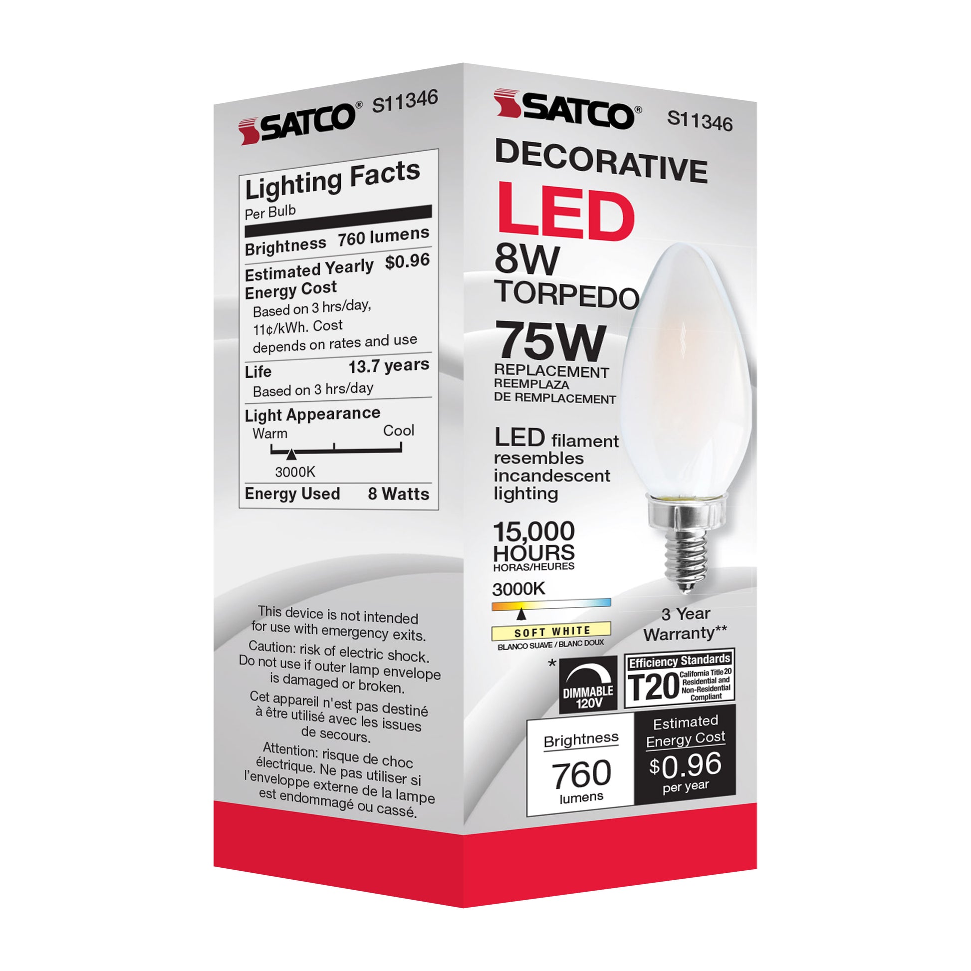 image of 8 Watt C11 LED - Frosted Finish - Candelabra Base - 3000K - 90 CRI - 800 Lumens - 120 Volt