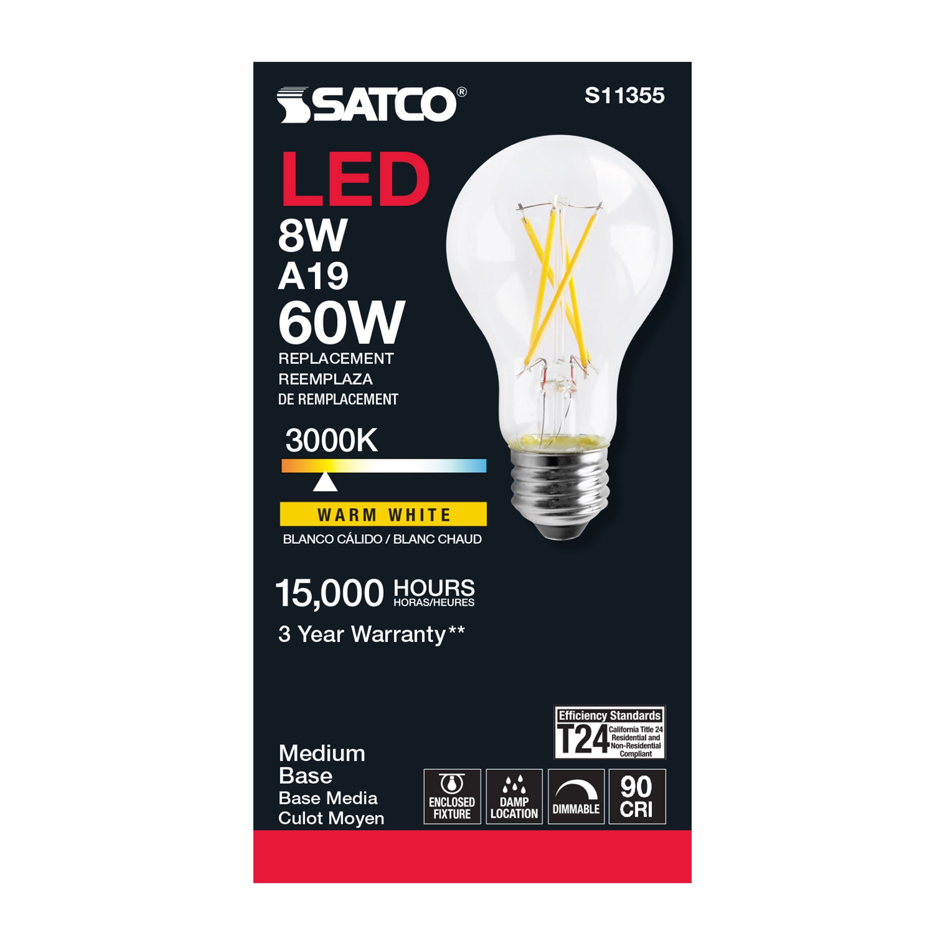 image of 8 Watt - A19 LED - Clear - 3000K - Medium base - 120 Volt