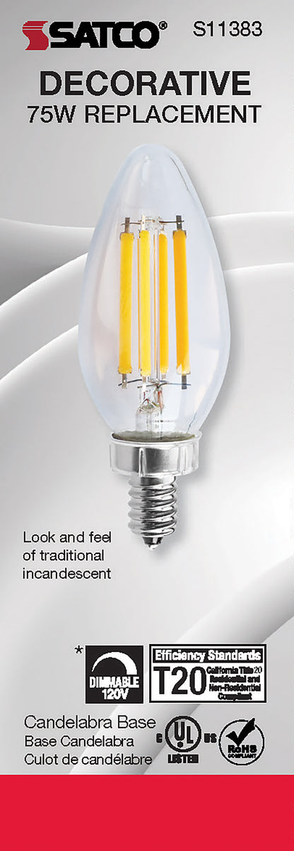 image of 8 Watt C11 LED - Clear - Candelabra base - 2700K - 90 CRI - 760 Lumens - 120 Volt