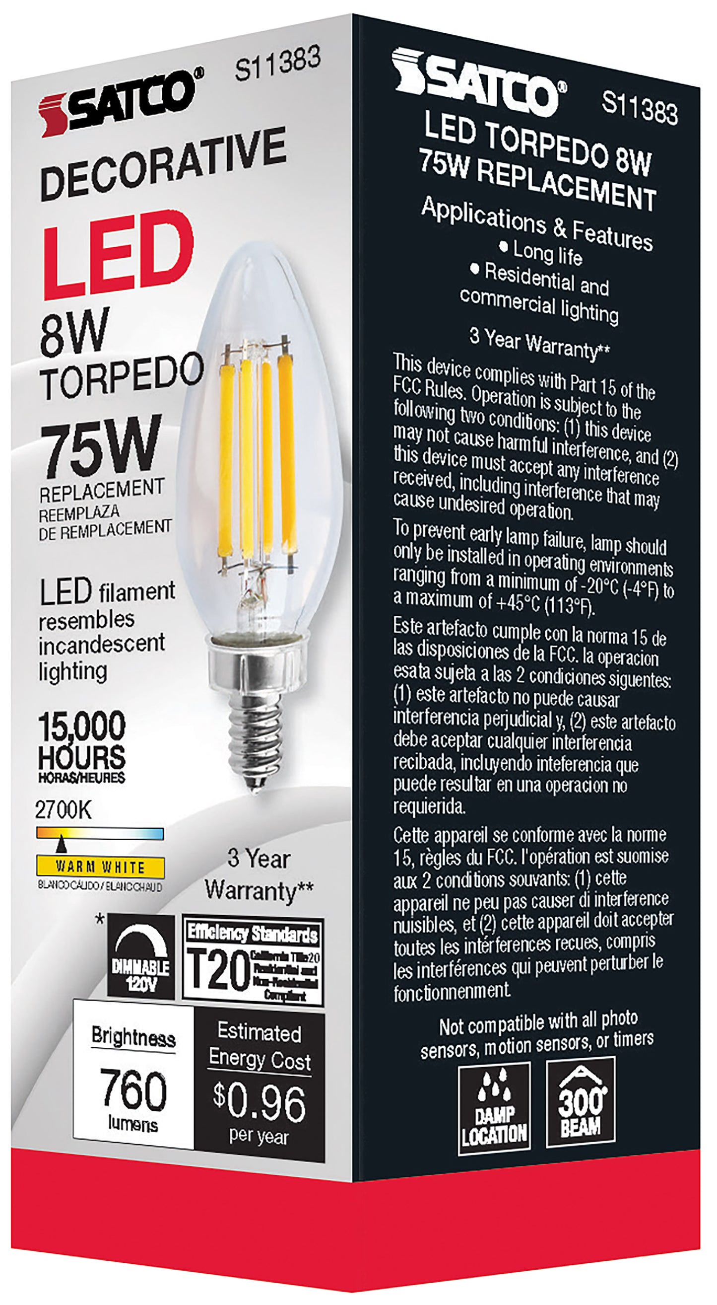 image of 8 Watt C11 LED - Clear - Candelabra base - 2700K - 90 CRI - 760 Lumens - 120 Volt