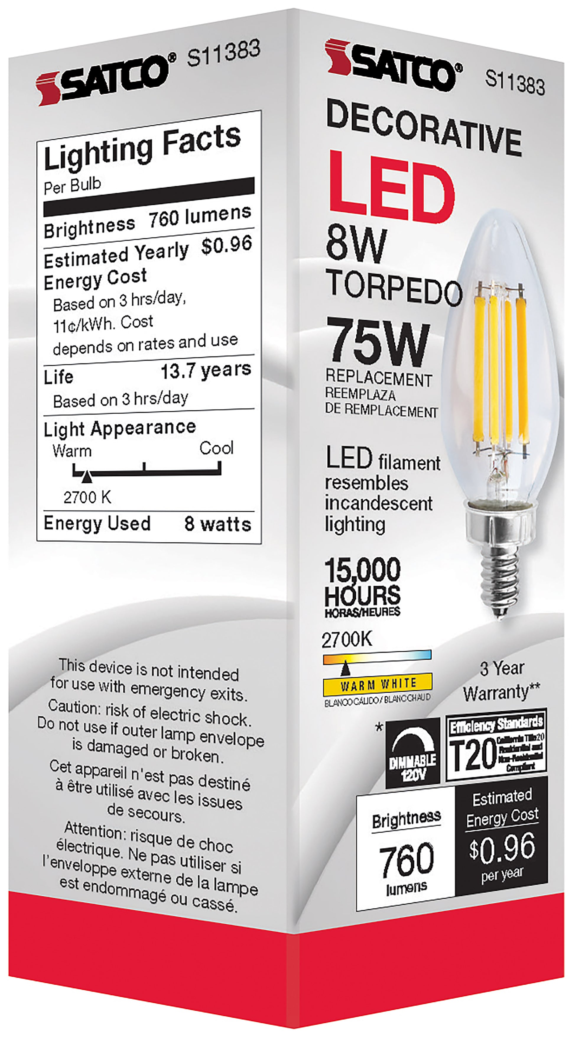 image of 8 Watt C11 LED - Clear - Candelabra base - 2700K - 90 CRI - 760 Lumens - 120 Volt
