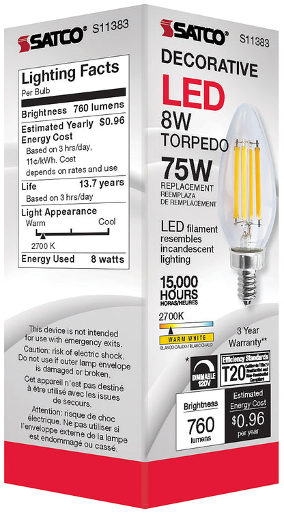 image of 8 Watt C11 LED - Clear - Candelabra base - 2700K - 90 CRI - 760 Lumens - 120 Volt