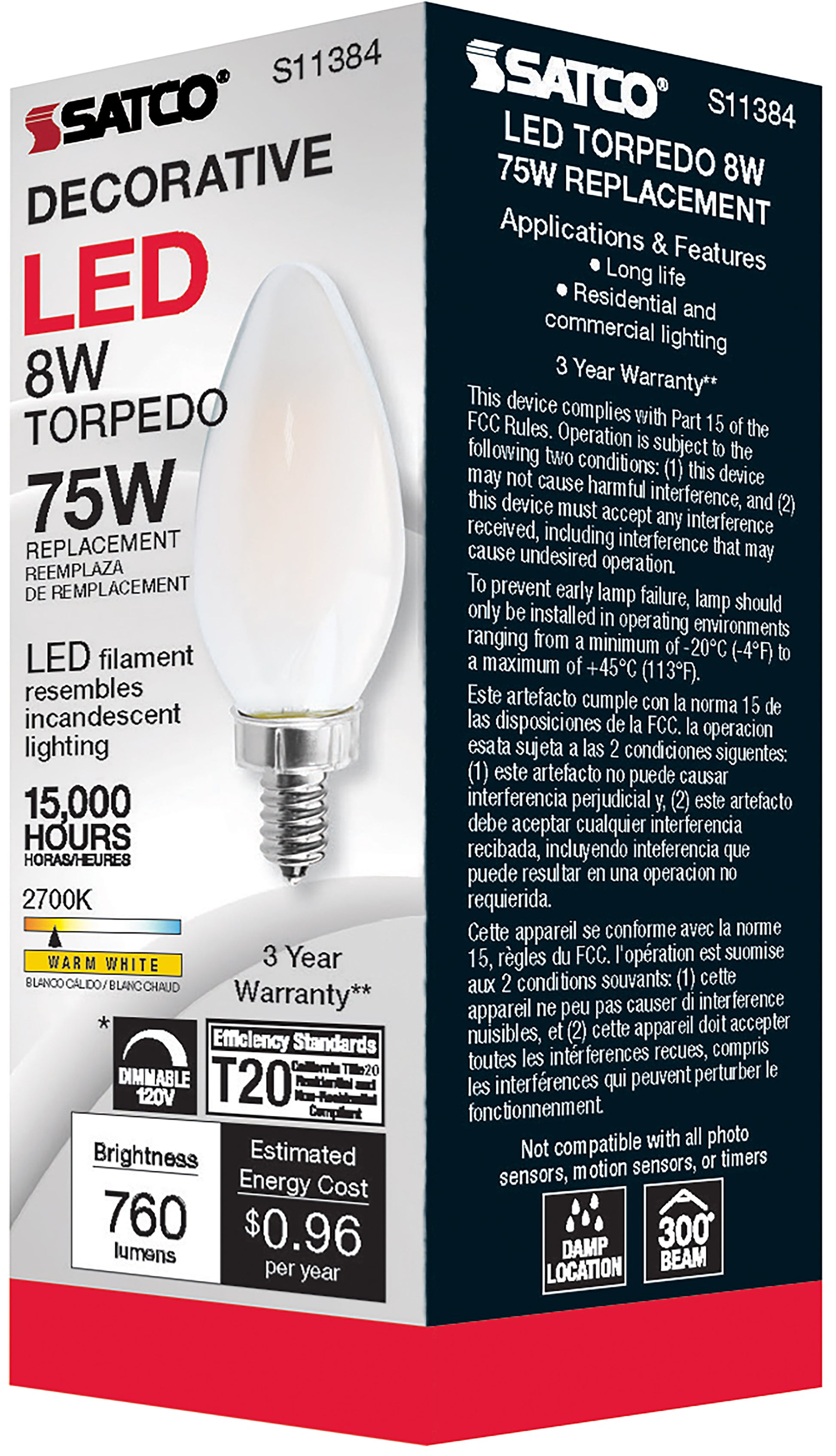 image of 8 Watt C11 LED - Frosted - Candelabra base - 2700K - 90 CRI - 760 Lumens - 120 Volt