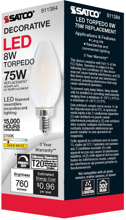 image of 8 Watt C11 LED - Frosted - Candelabra base - 2700K - 90 CRI - 760 Lumens - 120 Volt