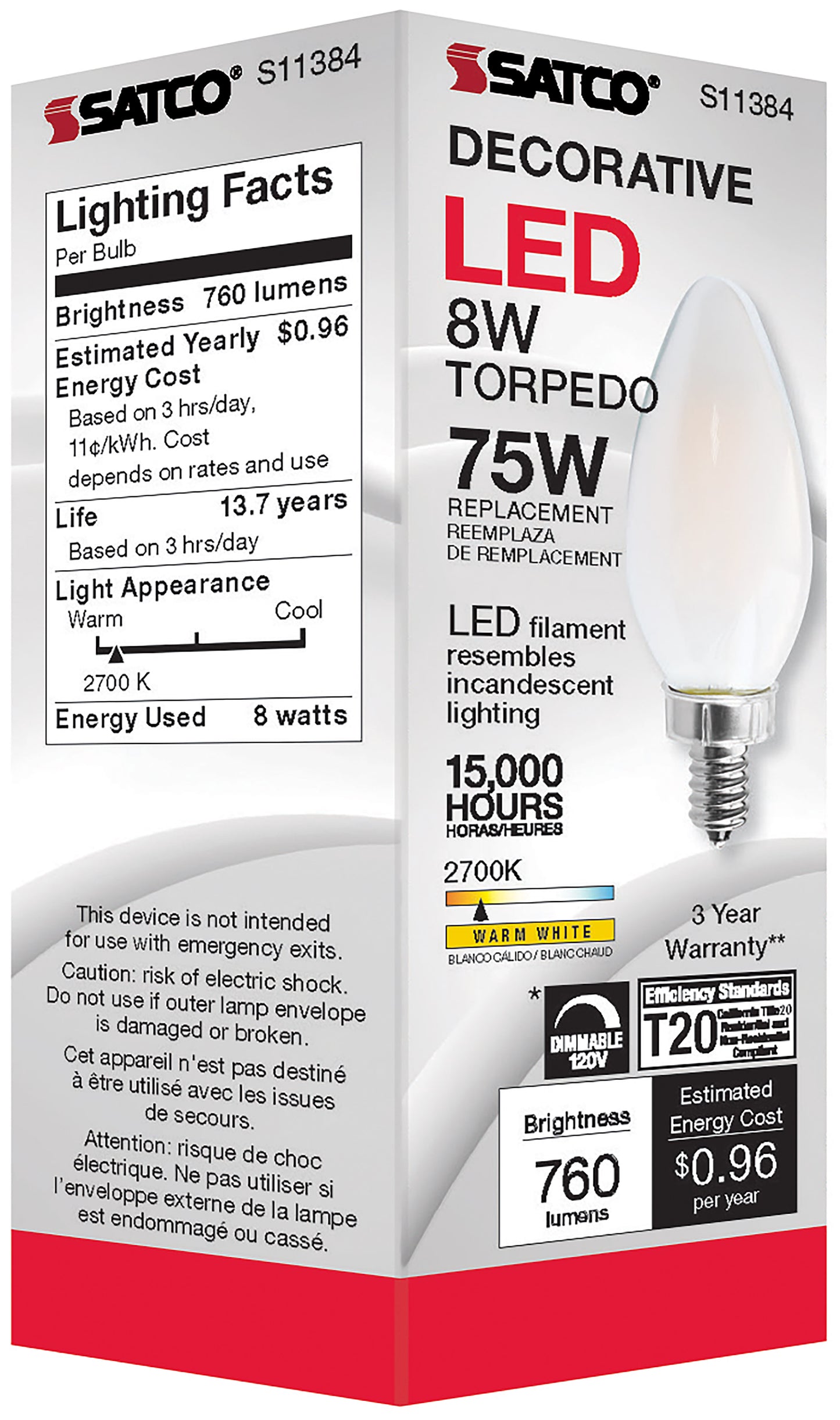 image of 8 Watt C11 LED - Frosted - Candelabra base - 2700K - 90 CRI - 760 Lumens - 120 Volt