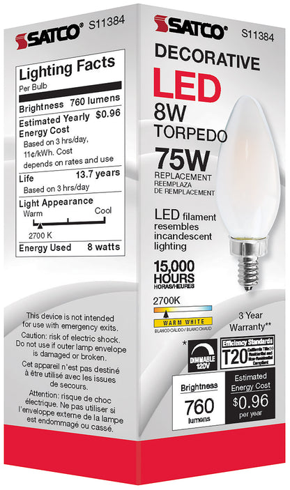 image of 8 Watt C11 LED - Frosted - Candelabra base - 2700K - 90 CRI - 760 Lumens - 120 Volt
