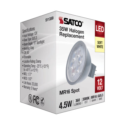 image of 4.5 Watt MR16 LED - Silver Finish - 3000K - GU5.3 Base - 360 Lumens - 12 Volt
