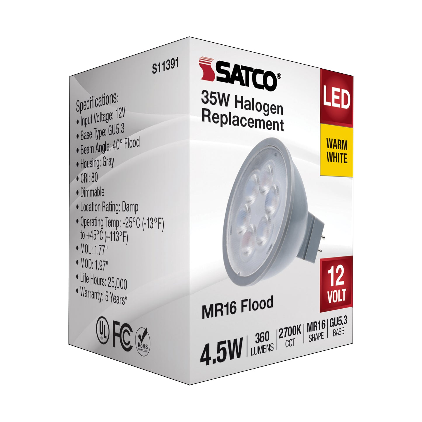 image of 4.5 Watt MR16 LED - Silver Finish - 2700K - GU5.3 Base - 360 Lumens - 12 Volt