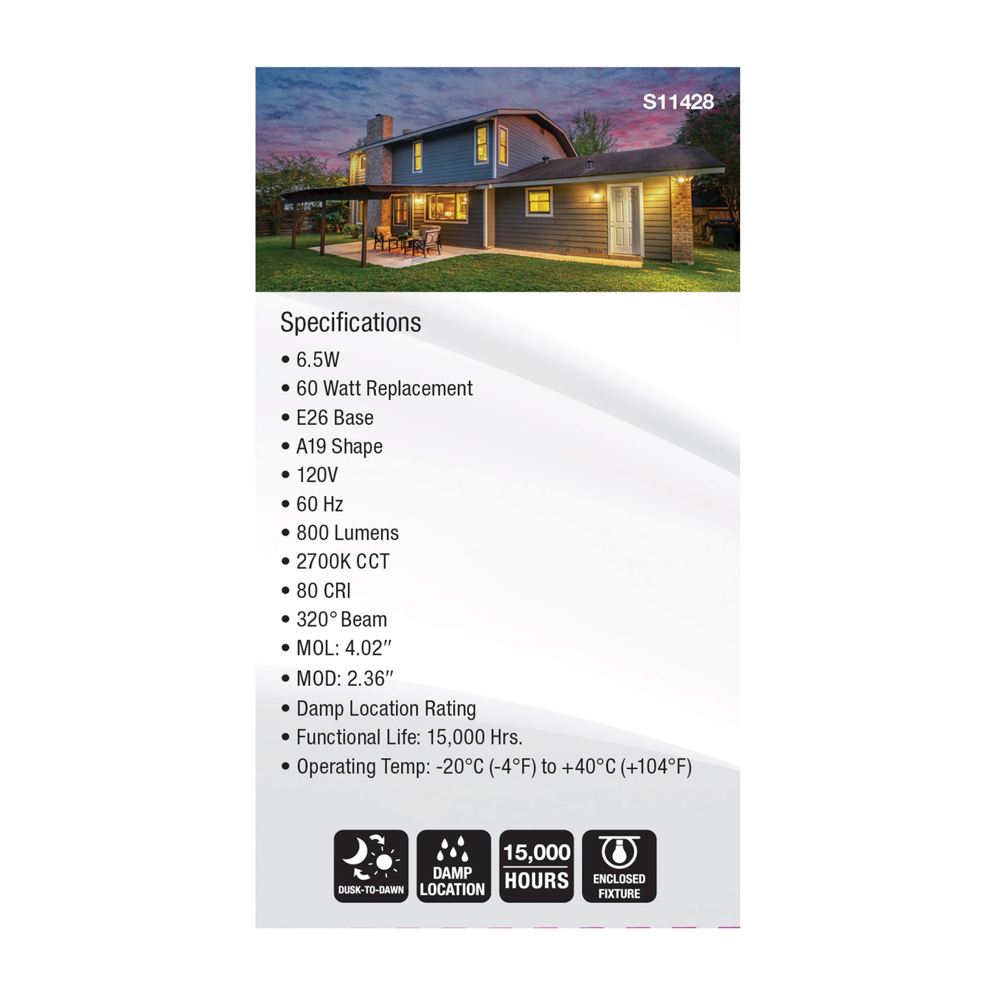 image of 6.5 Watt - A19 LED - Dusk to Dawn With PhotoCell - 2700K - Medium base - 320 deg. Beam Angle - 120 Volt