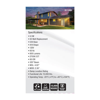image of 6.5 Watt - A19 LED - Dusk to Dawn With PhotoCell - 2700K - Medium base - 320 deg. Beam Angle - 120 Volt
