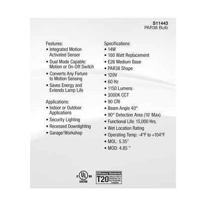 image of 14 Watt PAR38 LED - White - 3000K - 1100 Lumens - 120 Volt - PIR Sensor - Non-Dimmable