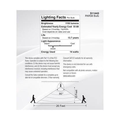image of 14 Watt PAR38 LED - White - 3000K - 1100 Lumens - 120 Volt - PIR Sensor - Non-Dimmable