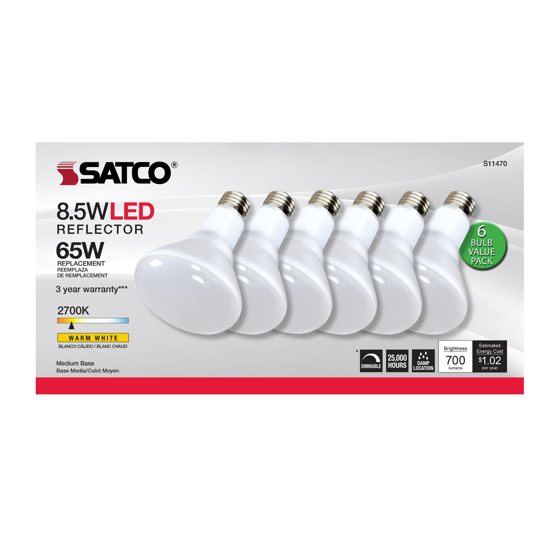 image of 8.5 Watt - BR30 LED - 2700K - 80 CRI - Medium Base - 120 Volts - Dimmable - 6-pack