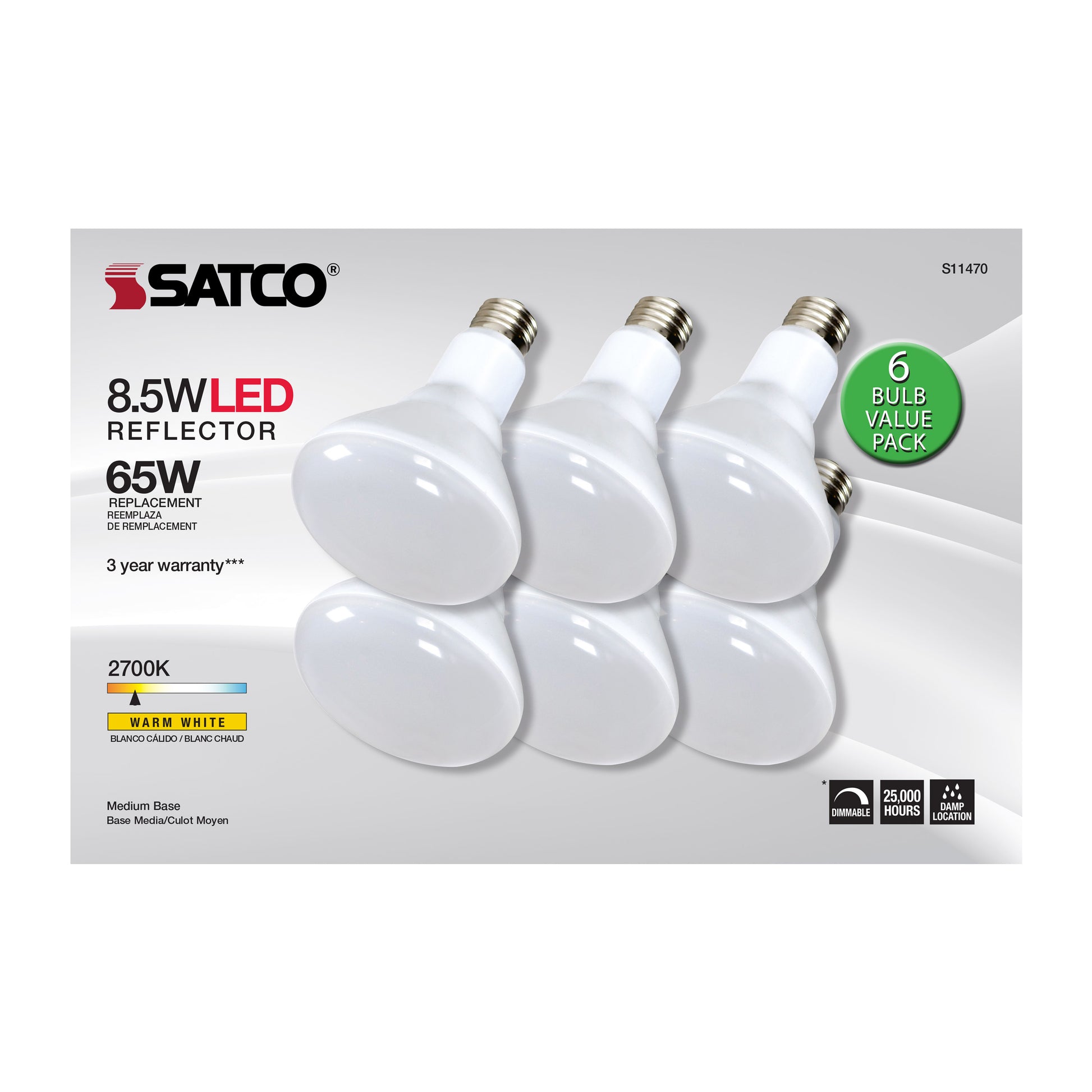 image of 8.5 Watt - BR30 LED - 2700K - 80 CRI - Medium Base - 120 Volts - Dimmable - 6-pack