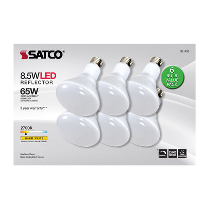 image of 8.5 Watt - BR30 LED - 2700K - 80 CRI - Medium Base - 120 Volts - Dimmable - 6-pack