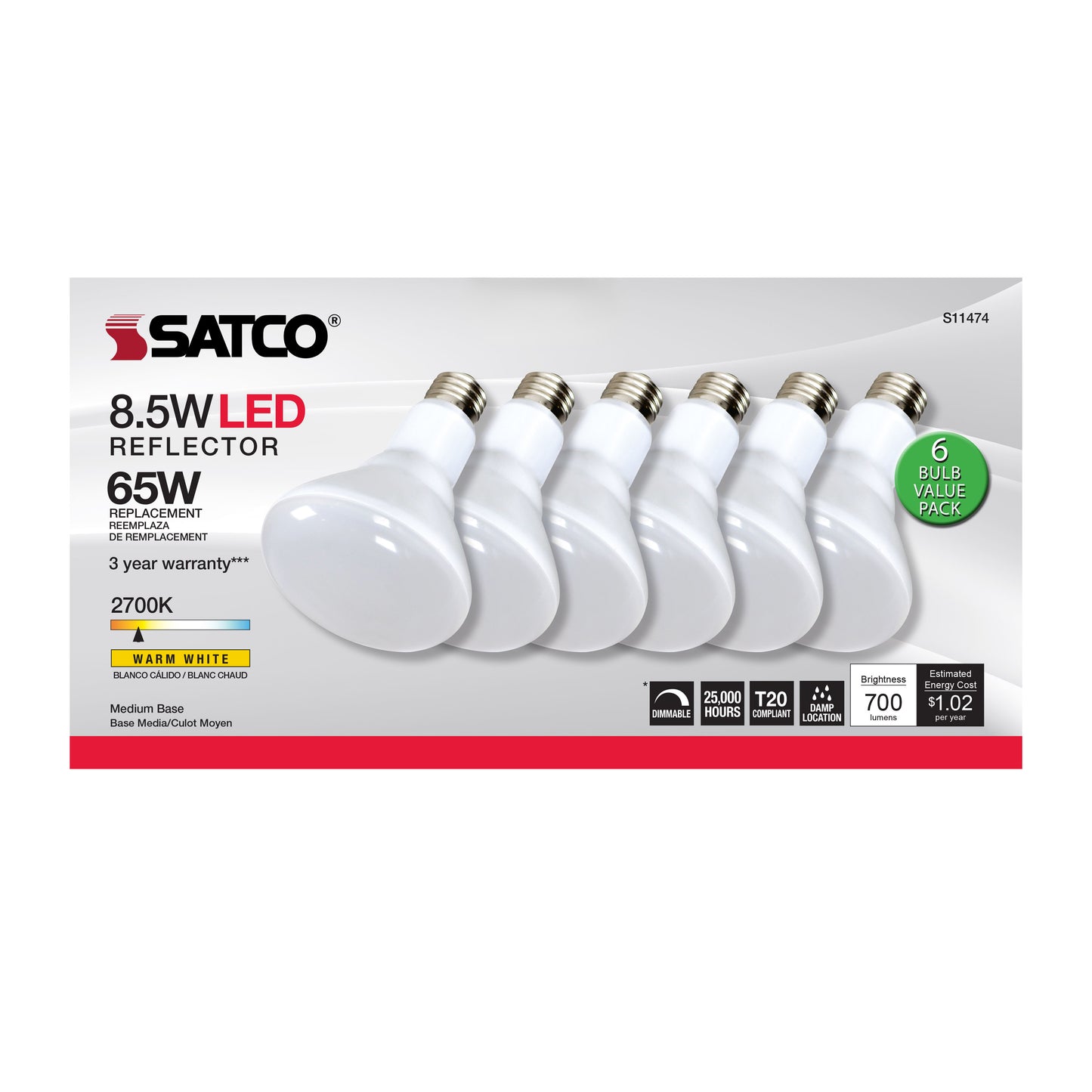 image of 8.5 Watt - BR30 LED - 2700K - 90 CRI - Medium Base - 120 Volts - Dimmable - 6-pack